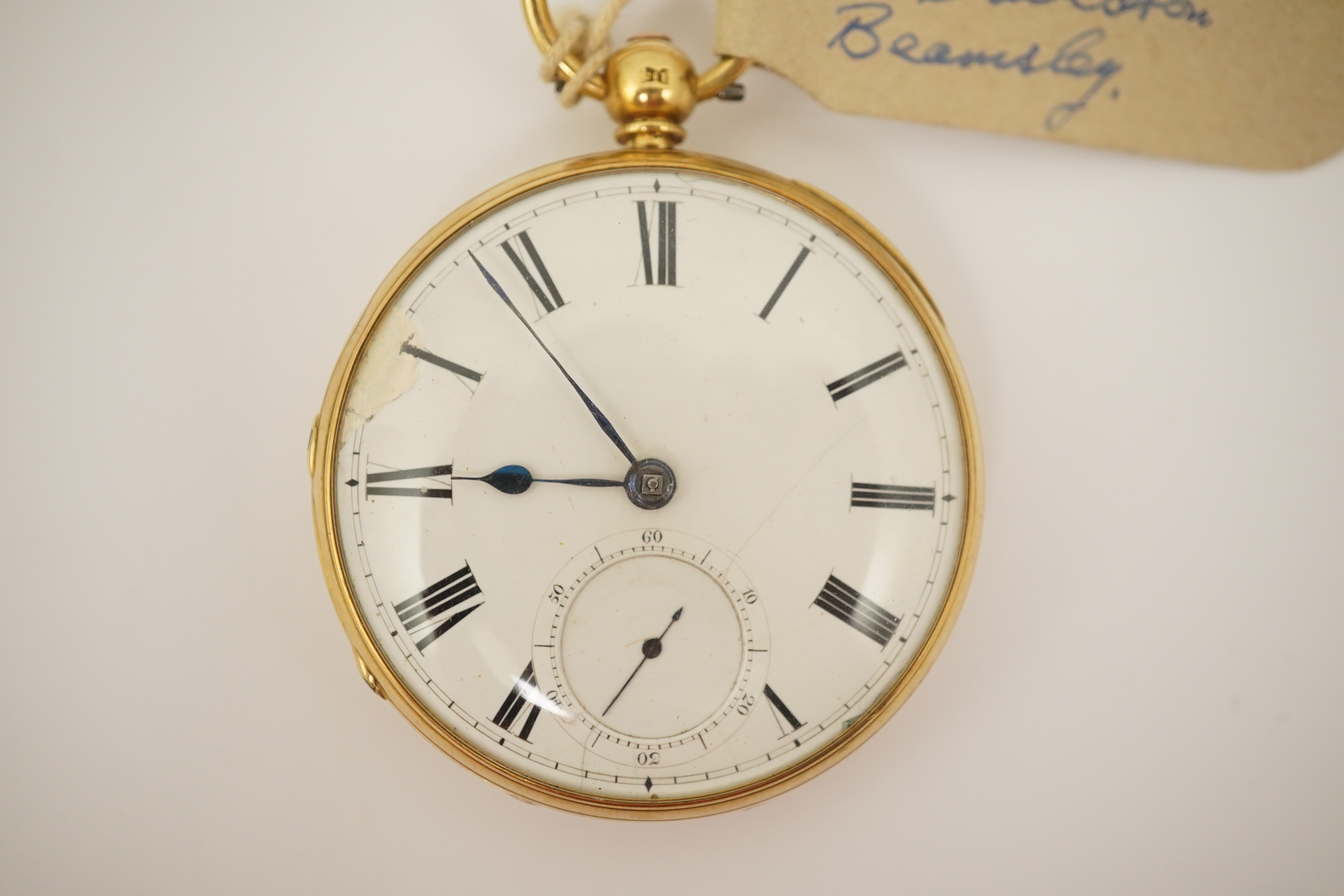 A Victorian engine turned 18ct gold open faced key wind pocket watch